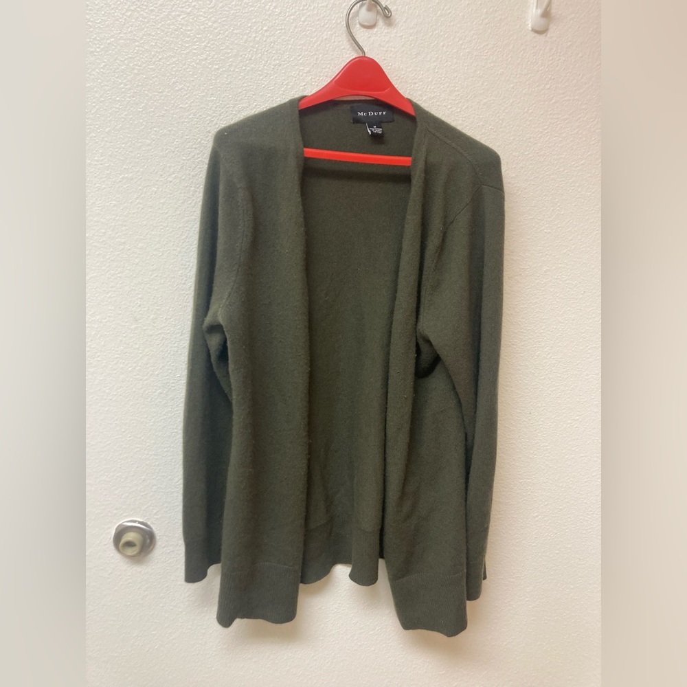 Mc DUFF Olive Green 💯 Percent Cashmere Open Cardigan (M)